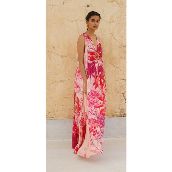 Roopa Pemmaraju The Peela‎ Silk V-Neckline Maxi Gown Dress Multicolor Size Small - Picture 16 of 16